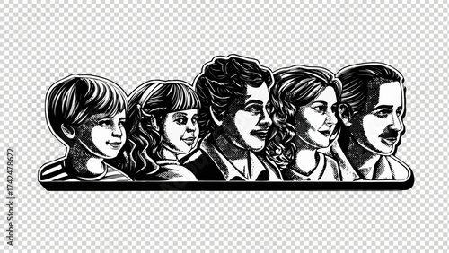 Monochrome family portrait showcases love, unity, and togetherness in a classic graphic style