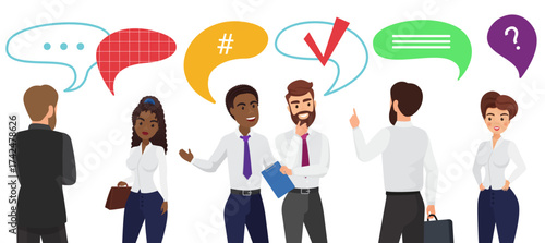 Business people team communication vector illustration. Cartoon businessman and businesswoman characters standing, holding coffee or briefcase, communicating with chat message bubble above head