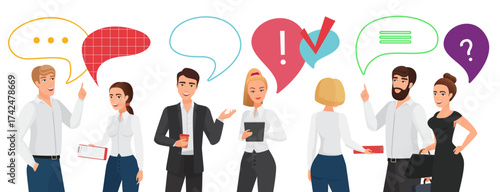 Business people team communication vector illustration. Cartoon businessman and businesswoman characters standing, holding coffee or briefcase, communicating with chat message bubble above head