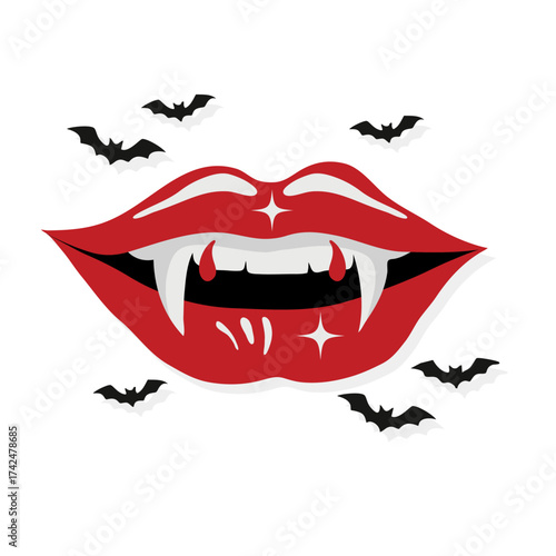 Illustration Lips Dracula Vampire Fangs. Spooky Halloween Bats and Blood Vector Image.