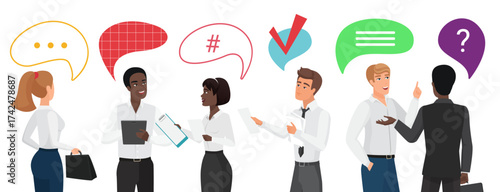 Business people team communication vector illustration. Cartoon businessman and businesswoman characters standing, holding coffee or briefcase, communicating with chat message bubble above head