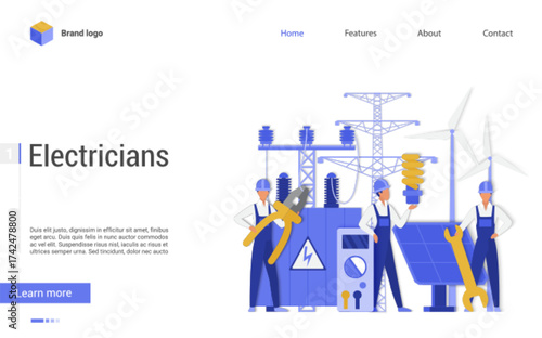 Team of electricians control power energy lines. Technician repair service with workers flat vector illustration. Electricity energy maintenance concept for banner, website design or landing web page
