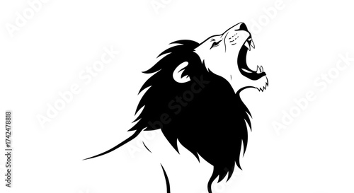 Roaring Lion Head Black and White Illustration.