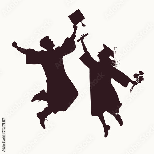 Hand drawn silhouette of a graduating student with a diploma