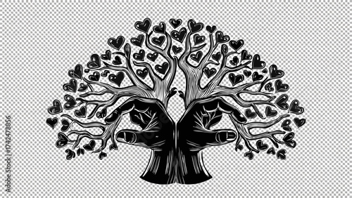 Inspiring heart tree formed by loving hands for charity, hope, and support concepts