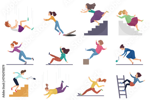 Set of cartoon vector injuring female woman falling down the stairs and over the edge, ladder, drop from the altitude, wet floor falling, stumbling on the sewer hall, tripping on stairs isolated
