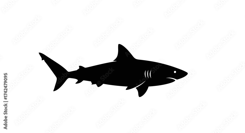 Obraz premium Silhouette of a shark in black against a white background, a marine predator.