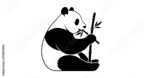 Giant Panda Eating Bamboo Silhouette Vector Art.