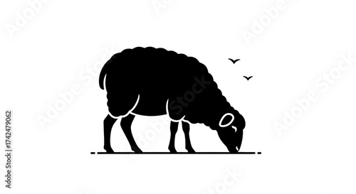 Black silhouette icon of a sheep grazing peacefully.