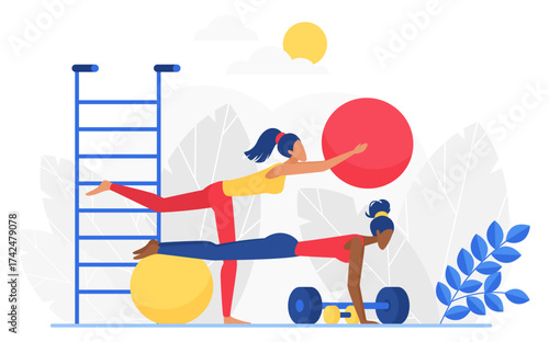 Fitness sport workout vector illustration. Cartoon flat active woman team characters doing sport exercises, working with ball, dumbbell and barbell in gym, girls in healthy activity isolated on white
