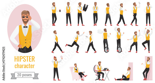 Hipster character poses infographic vector illustration set. Cartoon flat young bearded hipster man in yellow vest, walking with smartphone, working on laptop in different postures isolated on white