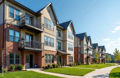 Modern multifamily housing property with brick, siding facade features balconies, manicured lawns. Contemporary residential buildings offer urban living spaces, condominium options in scenic town.