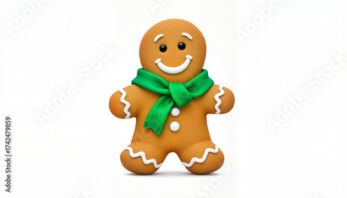 Gingerbread man cookie with a green scarf on a light background, festive dessert concept
