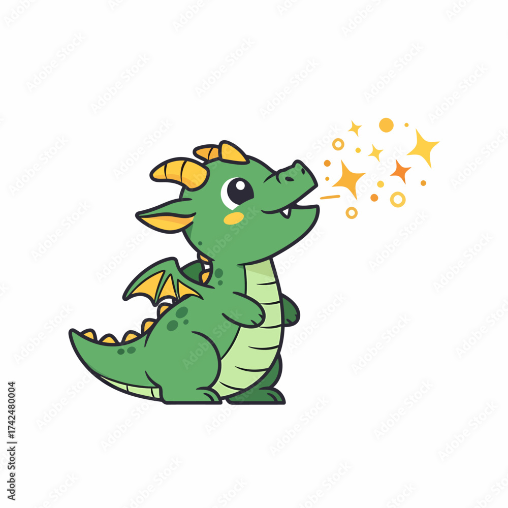 Obraz premium Cute green baby dragon breathing colorful stars illustration.