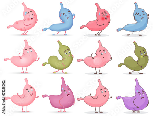 Cartoon set of cute stomach emotions set. Different types of stomach sickness vector illustration