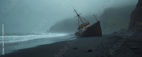 Old rusty shipwreck lies on black sand beach with rolling ocean waves. Tall cliffs loom in misty atmospheric weather creating a moody desolate seascape.