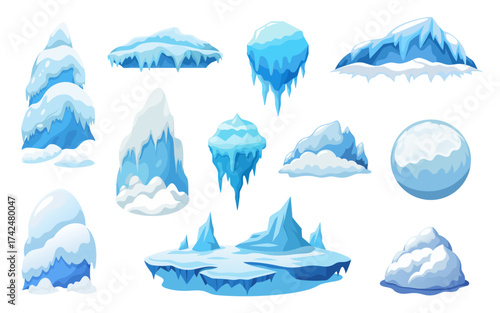 Melting snow, ice, snowdrifts vector flat set