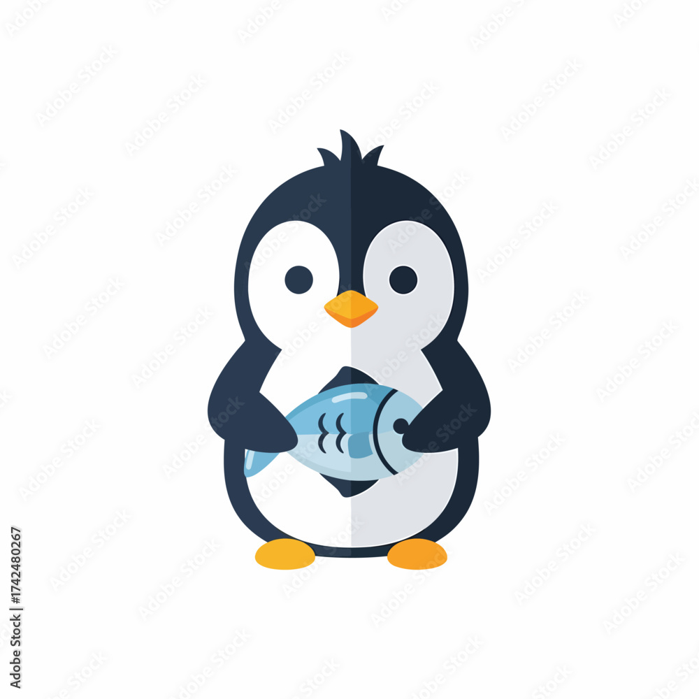 Obraz premium Cute Cartoon Penguin Holding a Fish Illustration.