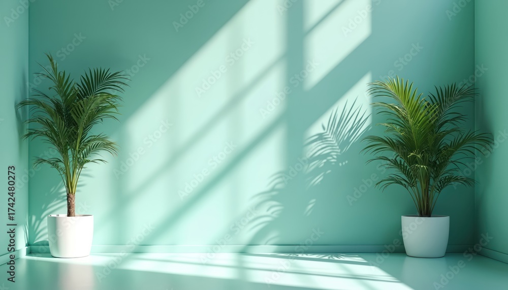 Fototapeta premium Bright turquoise room with two plants in white pots. Sun light creates palm leaf shadows on wall and floor. Minimalist interior space with green plants decor.
