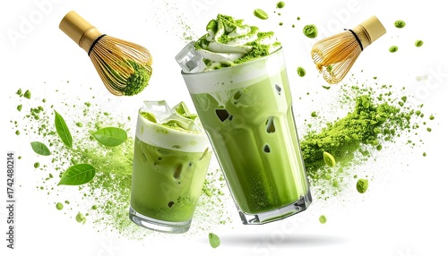 Flying matcha latte drink isolated background with matcha powder, ice, and foam apart 