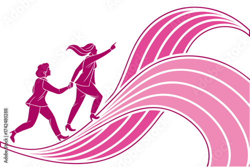 Two businesswomen climbing the wave lines, together and forward, support each other