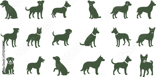 Collection of Dark Green Dog Silhouettes in Various Poses and Breeds on a White Background canine icon