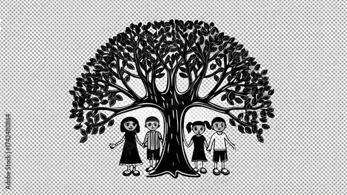 Charming illustration of children holding hands under a sheltering tree symbolizing family and growth