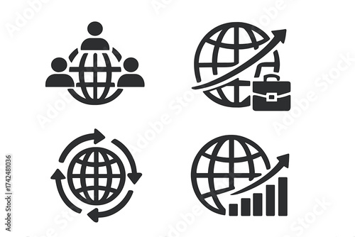 Global business icon set. International teamwork, worldwide logistics, global market growth chart and career success. Vector for globalization, economy and finance concepts.