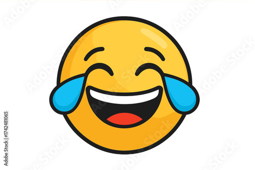 Laughing with tears of joy emoji. Crying laughing face. Funny emoticon with tears. LOL vector icon. Hilarious happy expression symbol. Comic cartoon character illustration.