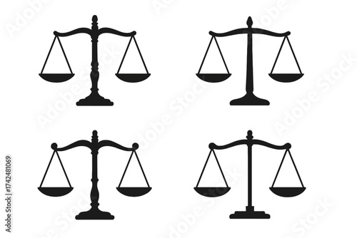 Set of justice scales icons. Symbol of law and legal system. Balance, equality, and fairness concept. Court, judgment, and judiciary sign. Vector silhouette illustration.
