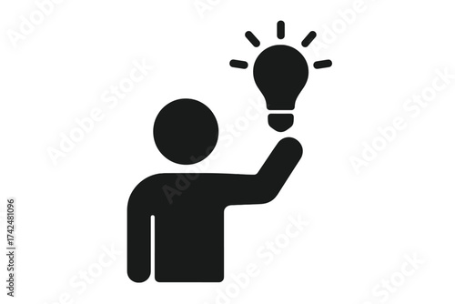 Person with light bulb, great idea concept. Man holding a lamp. Symbol of innovation, inspiration, creativity and solution. Brainstorming, thinking, business strategy icon vector.