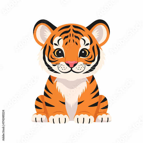Cute cartoon tiger cub sitting down illustration.