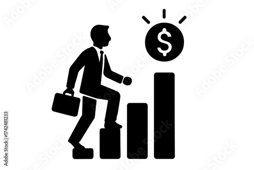 Man climbs career ladder to financial success. Businessman walking up stairs to money goal. Concept of ambition, growth, investment, profit, and high income achievement.