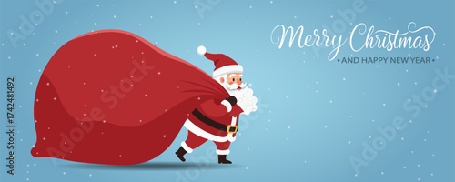 Cartoon Santa Claus cartoon coming and carries large heavy gifts red bag. Christmas and Happy New year card or banner.