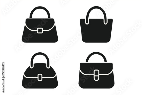 Handbag icon set. Collection of black purse silhouettes. Woman fashion accessory symbol. Vector graphic element for web and app design. Lady's bag, clutch, tote sign isolated.