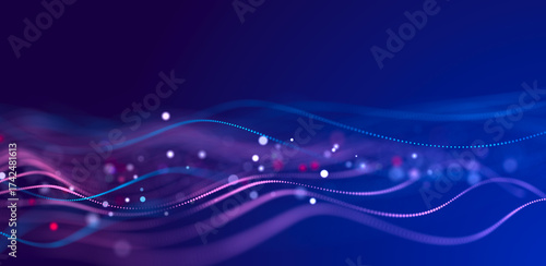 Abstract bright wave of glowing particles. The flow of musical sounds. Big data visualization. 3d rendering.