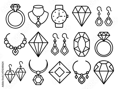 Jewelry and costume jewelry icon set. Necklaces, diamonds, rings, earrings