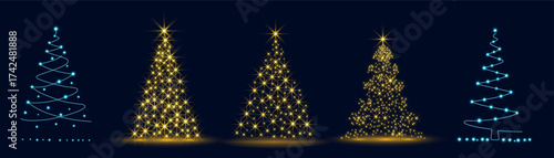 Set of shiny Christmas tree. Glittering lights in the form of a Christmas tree with bright shining and glowing particles. Golden glowing spruce in a luxurious design.