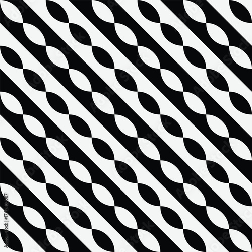 Seamless black and white abstract geometric pattern with diagonal stripes and oval shapes, perfect for textile, wallpaper, and background design.