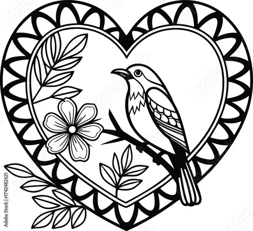 “Romantic Love Bird with Floral Heart Shape Line Art Illustration for Coloring Book and Valentine Design”