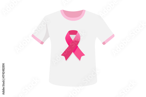 Pink ribbon graphic on a white t-shirt. Represents breast cancer awareness