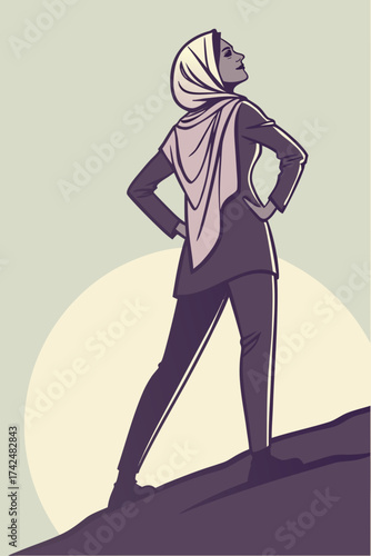 Strong woman in hijab standing on the hill