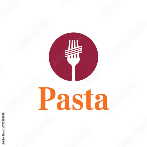 Vector art of pasta logo with a fork holding spaghetti inside a red circle