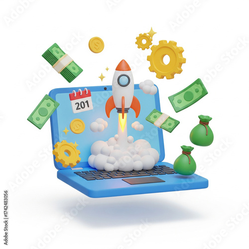 Business startup launch from laptop with money and gears