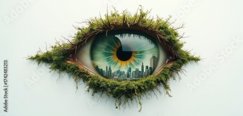 Giant eye with green iris reflects city skyline. Overgrown with lush green moss and dry branches, symbolizing nature and urbanism coexistence. Perspective on future growth.