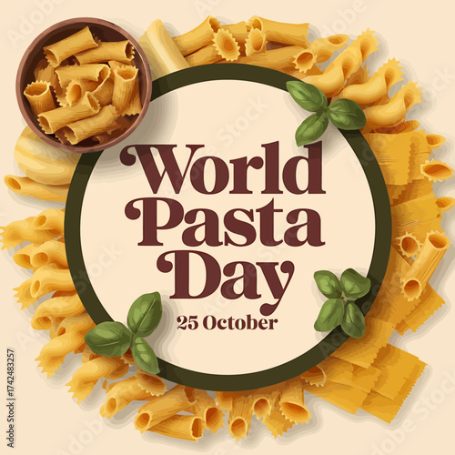 Vector art of world pasta day celebration with various types of pasta arranged around a central circle with text
