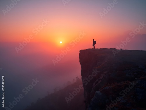 Inspiring silhouette of hiker on stunning cliff edge enjoying vibrant sunrise above misty valley landscape