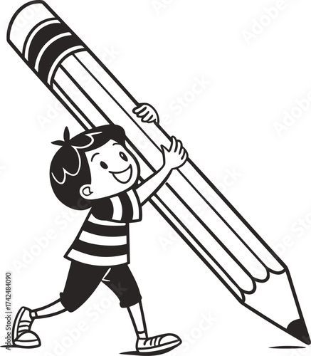 Cartoon vector illustration of a boy character drawing with a pencil