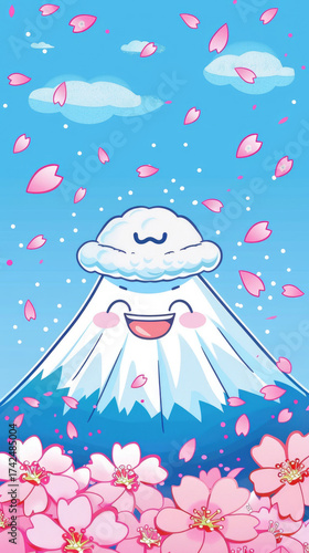 Whimsical Cartoon of Mount Fuji with Smiling Face and Cherry Blossoms in a Vibrant Spring Scene