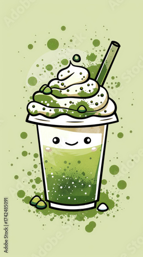 Cute Cartoon Matcha Bubble Tea with Whipped Cream and Smiling Face on Green Background